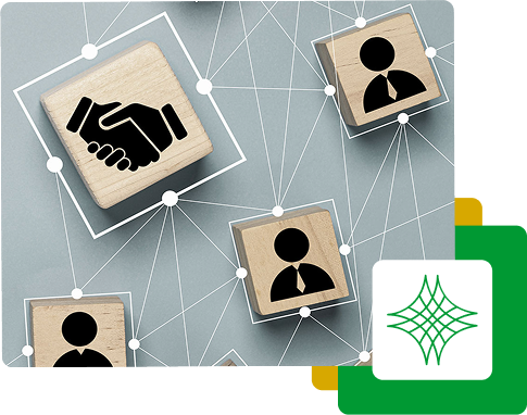Illustration depicting small tiles with icons representing different financial services, connected by lines to a central tile with an icon of hands shaking