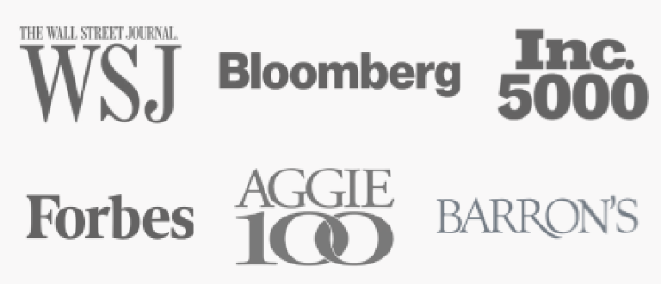 Logos of The Wall Street Journal, Bloomberg, Inc. 5000, Forbes, Aggie 100, and Barron's